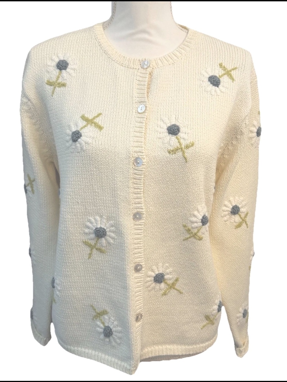 Talbots Cardigan Knit Sweater Daisy Embroidered White Cottage Core Grandma Core